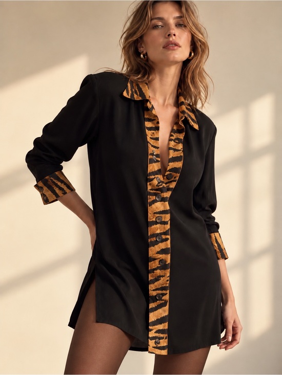 Vintage Dresses & Skirts - ‘80s Silk Crêpe Tiger Trim Tunic Mini Dress